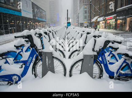 New York, Stati Uniti d'America. 23 gen 2016. Coperta di neve il noleggio biciclette in Midtown Manhattan, a New York City durante il blizzard storm Jonas. Il 23 gennaio 2016. Credito: Brigette Supernova / Messa a fuoco esterna foto/Alamy Live News Foto Stock