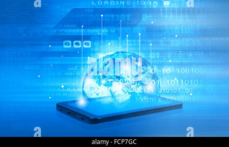 Una moderna tecnologia di comunicazione concetto con telefono cellulare su high tech sfondo Foto Stock