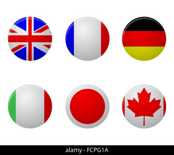 Icona lucida etichetta round set. La Gran Bretagna e la Francia, la Germania e l'Italia, il Giappone e il Canada. Vector arte astratta moda insoliti Foto Stock