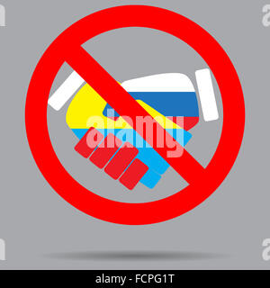 Segno di divieto di collaborazione Ucraina e Russia. Divieto di trattare, stop o no, icona handshake, divieto contrattuale di amicizia e collaborazione Foto Stock