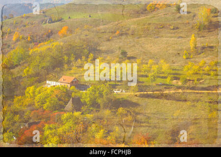 Textured foto con vista del paesaggio di verde e di alberi di erba e case in Apuseni Montagne Foto Stock