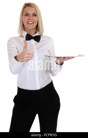 Cameriera cameriere bionda femmina giovane donna che serve con vassoio ristorante job pollice in alto isolato su sfondo bianco Foto Stock