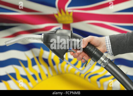 Pompa carburante ugello in mano con territori canadesi e province bandiere sul background - British Columbia Foto Stock