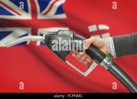 Pompa carburante ugello in mano con territori canadesi e province bandiere sul background - Manitoba Foto Stock