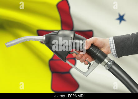 Pompa carburante ugello in mano con territori canadesi e province bandiere sul background - Nunavut Foto Stock