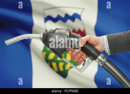 Pompa carburante ugello in mano con territori canadesi e province bandiere sul background - Territori del Nord-ovest Foto Stock