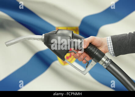 Pompa carburante ugello in mano con territori canadesi e province bandiere sul background - Nova Scotia Foto Stock