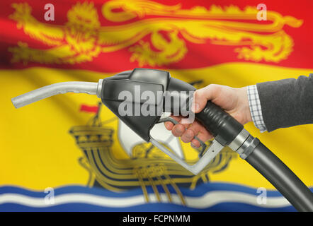 Pompa carburante ugello in mano con territori canadesi e province bandiere sul background - New Brunswick Foto Stock