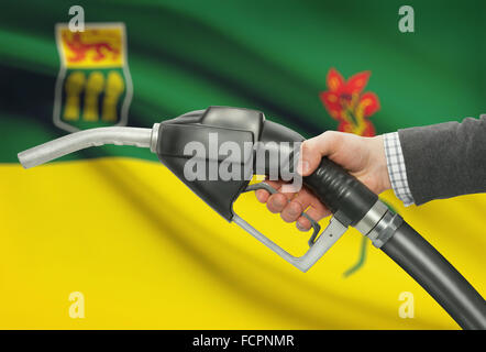 Pompa carburante ugello in mano con territori canadesi e province bandiere sul background - Saskatchewan Foto Stock