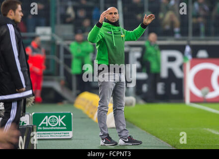 Gladbach's head coach Andre Schubert gesti durante la Bundesliga tedesca partita di calcio tra Borussia Moenchengladbach e Borussia Dortmund in Borussia Park di Moenchengladbach, Germania, 23 gennaio 2016. Foto: GUIDO KIRCHNER/dpa Foto Stock