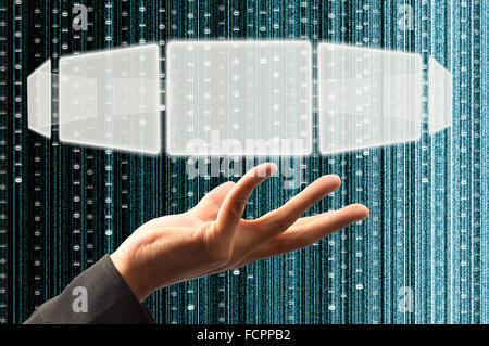 Tenere in mano un touch screen con interfaccia digitale sullo sfondo di matrice Foto Stock