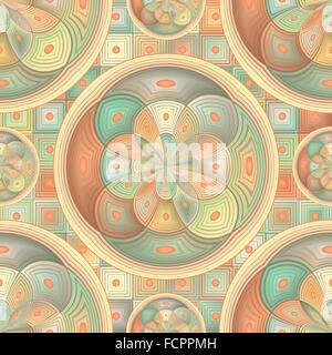 Complesso disegno geometrico, in armoniose sfumature di marrone, verde smeraldo, giallo e arancione, realizzato interamente da quadrati e cerchi. Geo Foto Stock