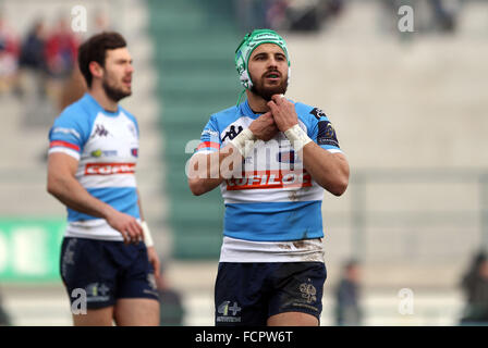 Treviso, Italia. Il 24 gennaio, 2016. Treviso player James Ambrosini reagisce durante il Rugby Champions Cup match tra Benetton Treviso e Munster Rugby il 24 gennaio, 2016 a Monigo Stadium. Credito: Andrea Spinelli/Alamy Live News Foto Stock