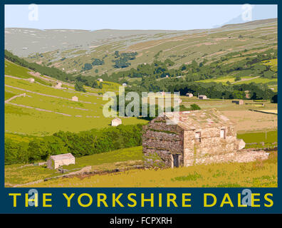 Un poster in stile illustrazione da una fotografia del Swaledale superiore vicino Thwaite, Yorkshire Dales National Park, England, Regno Unito Foto Stock
