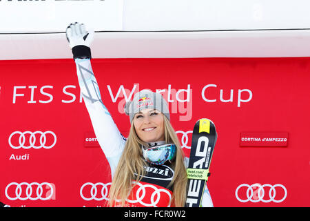 Cortina d'Ampezzo, Italia 24 gennaio 2016. VONN Lindsey (Usa) prende il primo posto durante la Audi FIS Coppa del Mondo di Sci Alpino SuperG Foto Stock