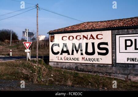 AJAXNETPHOTO. N141 ROAD COGNAC-JARNAC,Francia. - BRANDY BILLBOARD - PUBBLICITÀ PER CAMUS COGNAC -"LE GRANDE MARQUE' - dipinto sul muro di un edificio visibile per gli automobilisti sulla strada N141. Foto:JONATHAN EASTLAND/AJAX REF:920145 Foto Stock