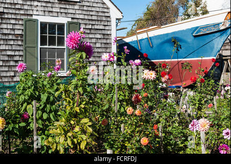 Giardino con alte barca in background, a Provincetown, Cape Cod, Massachusetts, STATI UNITI D'AMERICA Foto Stock