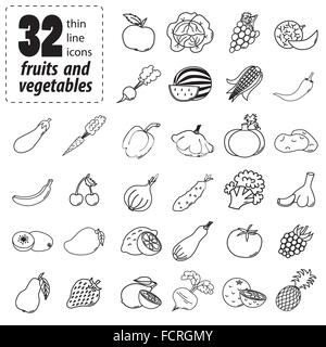 Linea sottile icone di frutta e verdura Illustrazione Vettoriale