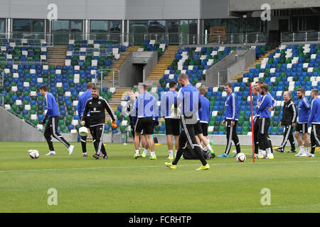 Irlanda del Nord international Squadra di calcio in una sessione di formazione a livello nazionale allo stadio di calcio al Windsor Park di Belfast Foto Stock