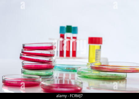 Piastra di Petri, sangue, test tube, siringa Foto Stock