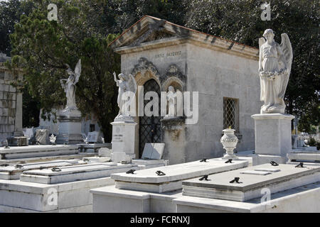 Tombe e monumenti commemorativi in necropoli Cristobal Colon, quartiere Vedado, Havana, Cuba Foto Stock