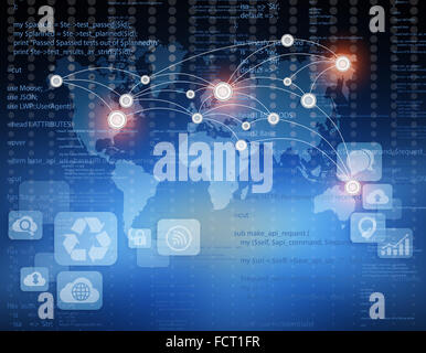 Mappa del mondo su un sfondo astratto con le icone. Foto Stock