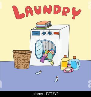 Una sala lavanderia è una camera per la pulizia di indumenti sporchi. Illustrazione Vettoriale