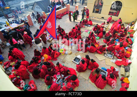 Kathmandu, Nepal. 24 gen 2016. Nepalese devoto indù che offre la preghiera rituale durante il primo giorno di Madhav Narayan Festival presso Sankhu. Nepalese donne Indù osservare a digiunare e pregare per la dea Swasthani per la lunga vita dei loro mariti e la prosperità della famiglia nel corso di un mese di digiuno celebrazione del festival. © Narayan Maharjan/Pacific Press/Alamy Live News Foto Stock