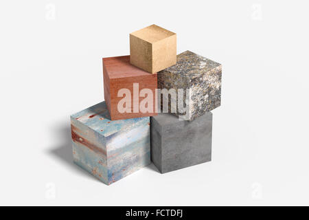 3D rendering di alcuni cubi di materiale differente. Illustrazione Foto Stock