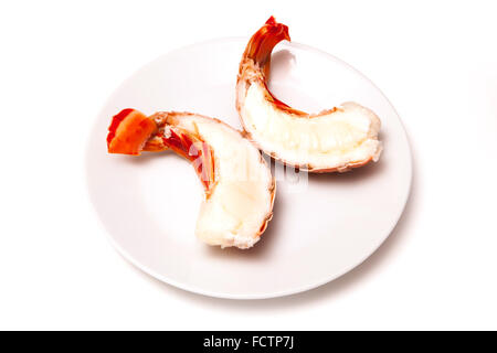 Cucinato tropicali dei Caraibi ( Bahamas ) aragosta (Panuliirus argus) o aragosta isolato di coda su una bianca di sfondo per studio. Foto Stock