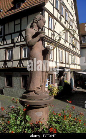 DEU, in Germania, in Baviera, Lohr presso il fiume Main, house e la fontana presso la piazza del municipio. DEU, Deutschland, Bayern Lohr am Main Foto Stock