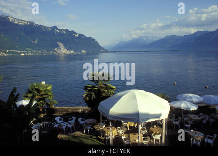 CHE, Svizzera, Clarens-Montreux presso il Lago di Ginevra, terrazza dell'Albergo e Ristorante L'Ermitage. CHE, Schweiz, Clarens-Montre Foto Stock