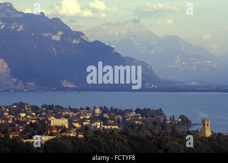 CHE, Svizzera, vista di Vevey sul Lago di Ginevra. CHE, Schweiz, Blick ueber Vevey am Genfer vedere. Foto Stock