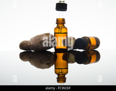 Lo zenzero olio essenziale nel flacone color ambra con zenzero fresco e dropper Foto Stock
