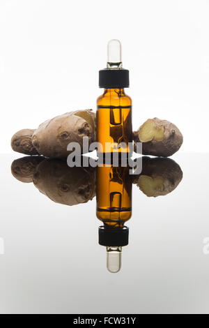 Lo zenzero olio essenziale nel flacone color ambra con zenzero fresco e dropper Foto Stock