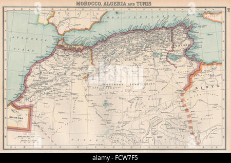 Nord Africa: Marocco, Algeria e Tunisi. Confini irrisolti. Bartolomeo 1924 mappa Foto Stock