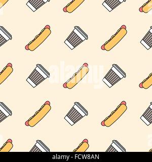 Vector contorno colorato hot dog salsicce alla griglia affettato bun senape bevanda calda tazza da asporto seamless pattern su sfondo beige Illustrazione Vettoriale