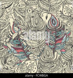 Vector colorato modello senza giunture. Etnico design retrò con piume in stile zentangle con ornamento astratto Illustrazione Vettoriale
