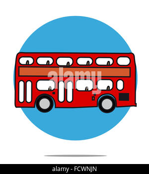 Illustrazione di un bus rosso con un cerchio blu sullo sfondo Foto Stock