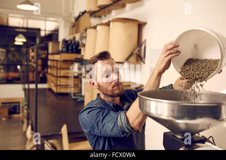 Imprenditore versando il caffè crudo fagioli in una moderna tostatura di mac Foto Stock