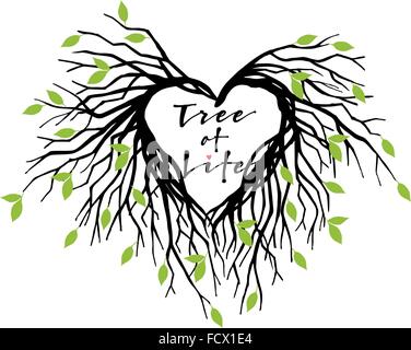 Albero della vita, a forma di cuore i rami degli alberi con foglie verdi, illustrazione vettoriale Illustrazione Vettoriale