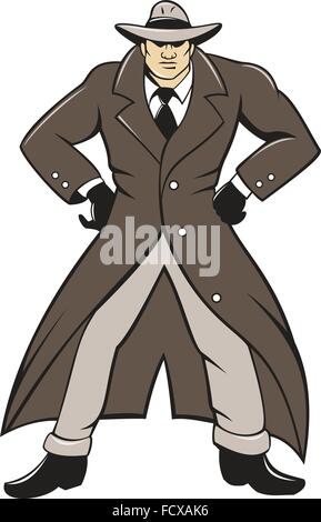 Illustrazione di un detective indossa trench e cappello con mani akimbo visto dal lato anteriore impostato su isolato sfondo bianco fatto in stile cartoon. Illustrazione Vettoriale