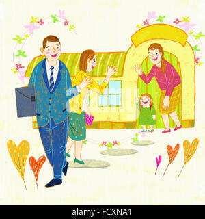 Kindergarten ragazza sventolare presso i suoi genitori andando a lavora con il suo insegnante Foto Stock