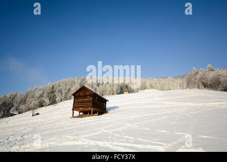 Paesaggio invernale con capanna in legno, Pitztal Alpi - Tirolo Austria Foto Stock