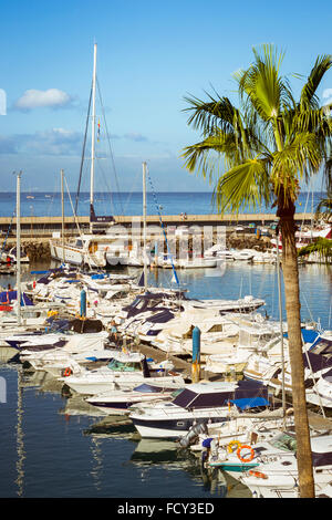 TENERIFE, Spagna - 14 gennaio 2013: yacht di lusso sul dock allo yacht club Puerto Colon Costa Adeje, Tenerife, Canarie Foto Stock