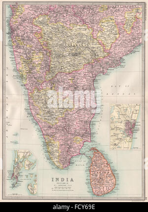 INDIA BRITANNICA-SUD:Ceylon (Sri Lanka).Bombay(Mumbai);Madras(Chennai), 1890 Mappa Foto Stock