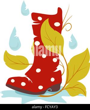 Una gomma rainboot con ramo floreali e le gocce di pioggia, illustrazione vettoriale Illustrazione Vettoriale