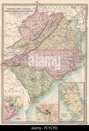 SOUTHEASTERN USA: VA WV Nord/Sud Carolina FL. Richmond Charleston, 1890 Mappa Foto Stock