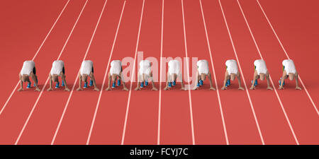 Ghiaie rosse via di corsa con gli atleti in posizione di avviamento. Foto Stock