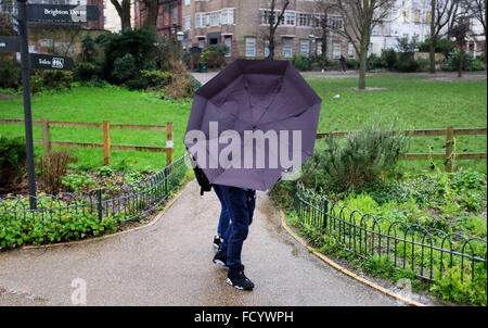 Brighton, Regno Unito. Il 26 gennaio, 2016. Un giovane in lotta con il loro ombrello in Brighton oggi come la tempesta meteo che ha provocato il caos neve negli Stati Uniti arriva in Gran Bretagna oggi portando gales e pioggia Credito: Simon Dack/Alamy Live News Foto Stock